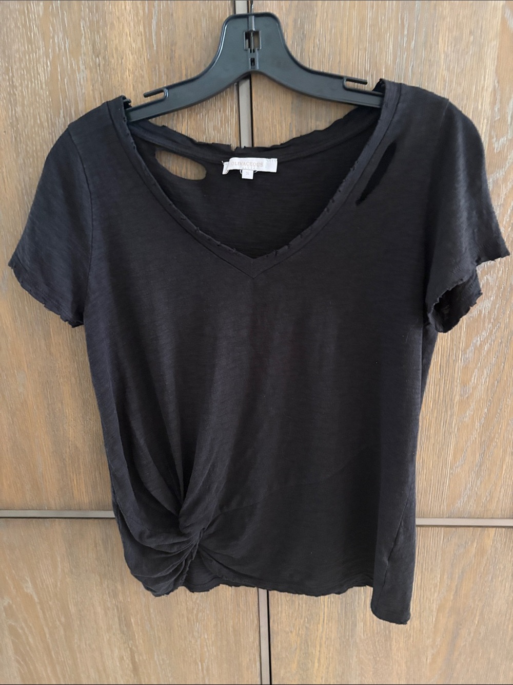 Olivaceous Distressed Black V-Neck Twist-Front Short Sleeve Tee